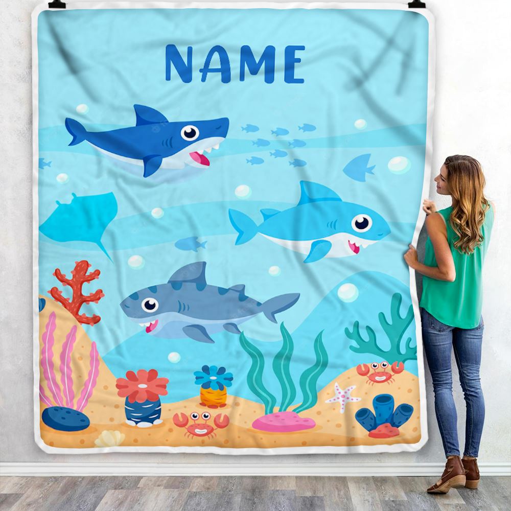 Personalized Baby Blanket With Custom Name Ocean Cute Shark for Baby Girls Boys Kids Newborn Daughter Granddaughter Niece Birthday Bed Fleece Throw Blanket | teecentury