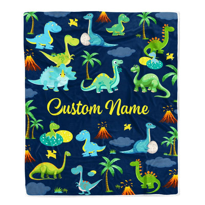 Personalized Baby Blanket With Name Custom Dark Blue Dinosaur For Boy Kids Newborn Son Grandson Nephew Birthday Christmas Customized Bed Fleece Throw Blanket | teecentury