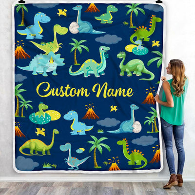 Personalized Baby Blanket With Name Custom Dark Blue Dinosaur For Boy Kids Newborn Son Grandson Nephew Birthday Christmas Customized Bed Fleece Throw Blanket | teecentury