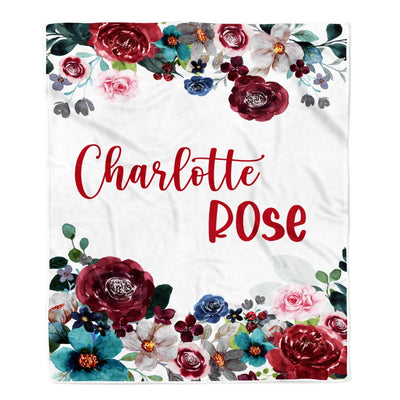 Personalized Baby Blanket With Name Custom For Girls Flower Maroon Baby Name Cobijas Para Bebe Niña Daughter Granddaughter Niece Birthday Fleece Blanket Blanket | Teecentury.com