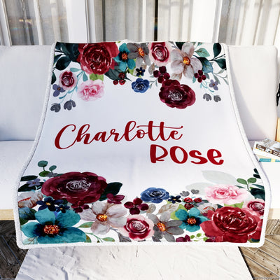 Personalized Baby Blanket With Name Custom For Girls Flower Maroon Baby Name Cobijas Para Bebe Niña Daughter Granddaughter Niece Birthday Fleece Blanket Blanket | Teecentury.com