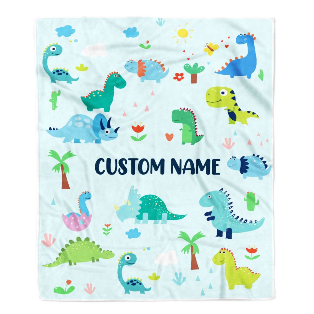 Personalized Baby Blanket With Name Custom Light Blue Dinosaur For Kids Boy Newborn Son Grandson Nephew Birthday Christmas Customized Bed Fleece Throw Blanket | teecentury