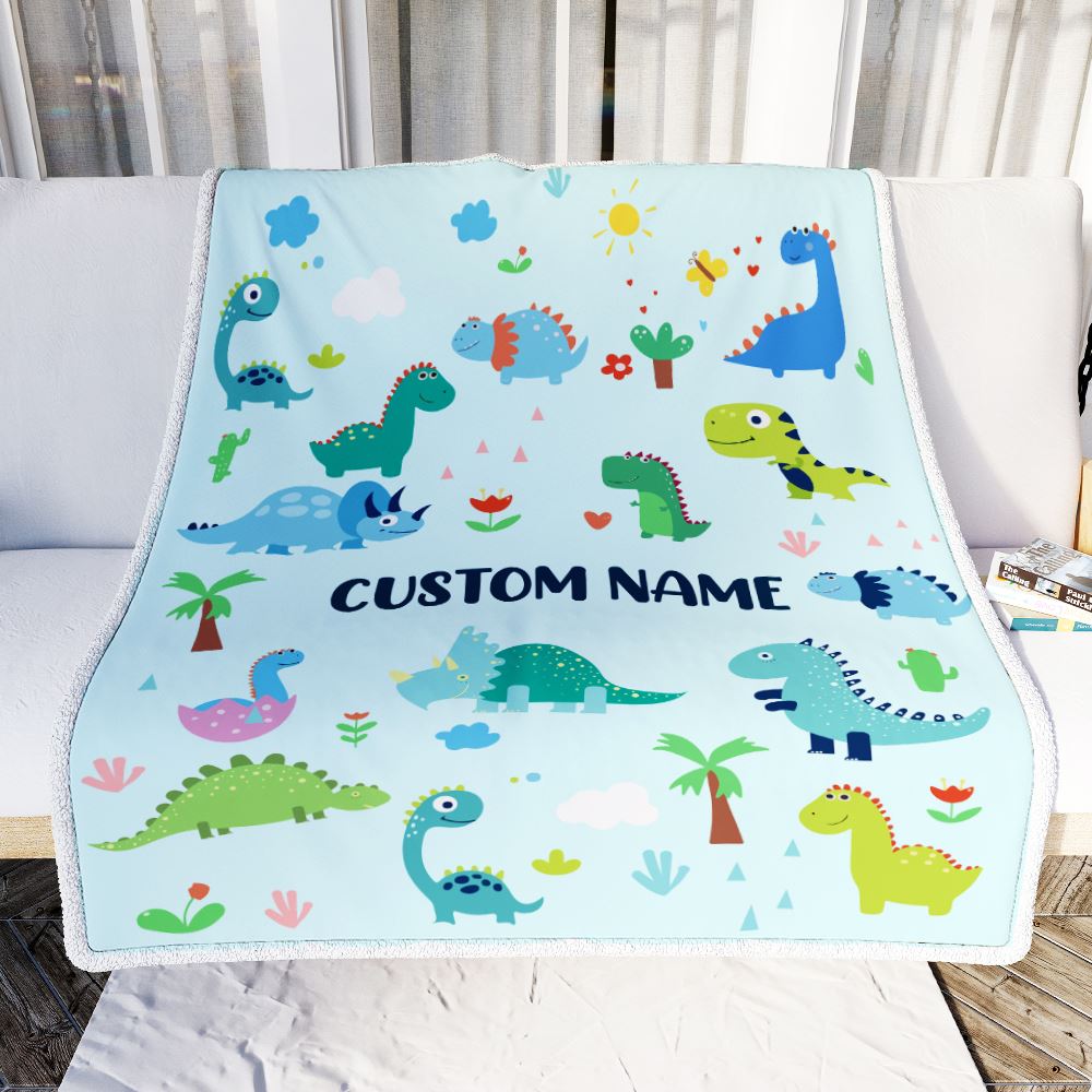 Personalized Baby Blanket With Name Custom Light Blue Dinosaur For Kids Boy Newborn Son Grandson Nephew Birthday Christmas Customized Bed Fleece Throw Blanket | teecentury