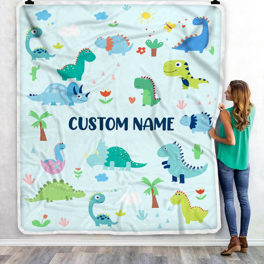 Personalized Baby Blanket With Name Custom Light Blue Dinosaur For Kids Boy Newborn Son Grandson Nephew Birthday Christmas Customized Bed Fleece Throw Blanket | teecentury