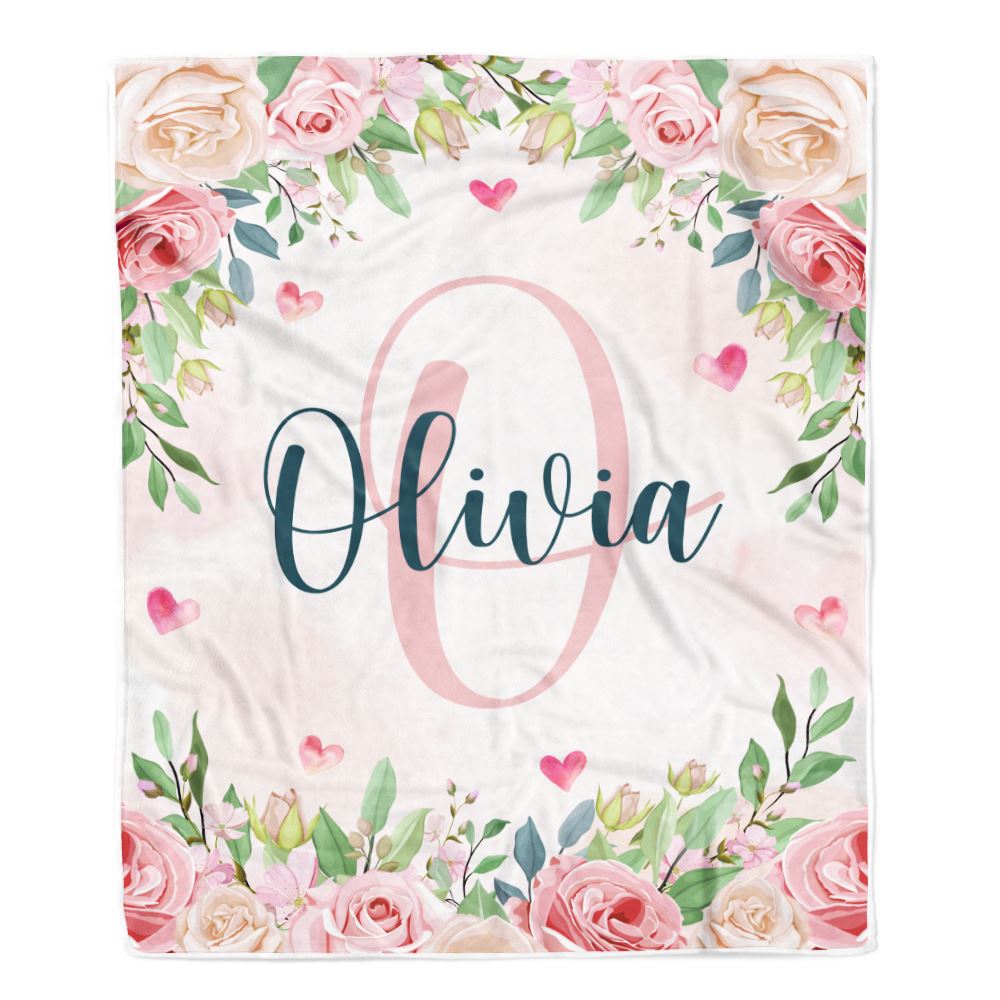 Personalized Baby Blanket With Name Custom Pink Flower Floral Girl Newborn Daughter Niece Granddaughter Birthday Christmas Customized Bed Fleece Throw Blanket | teecentury