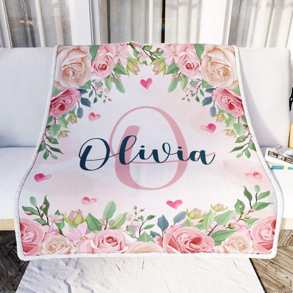 Personalized Baby Blanket With Name Custom Pink Flower Floral Girl Newborn Daughter Niece Granddaughter Birthday Christmas Customized Bed Fleece Throw Blanket | teecentury