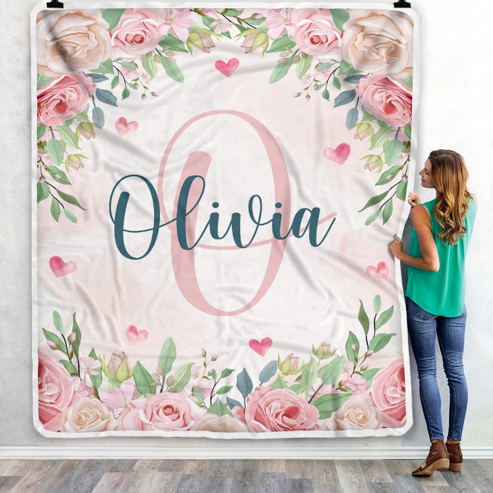 Personalized Baby Blanket With Name Custom Pink Flower Floral Girl Newborn Daughter Niece Granddaughter Birthday Christmas Customized Bed Fleece Throw Blanket | teecentury