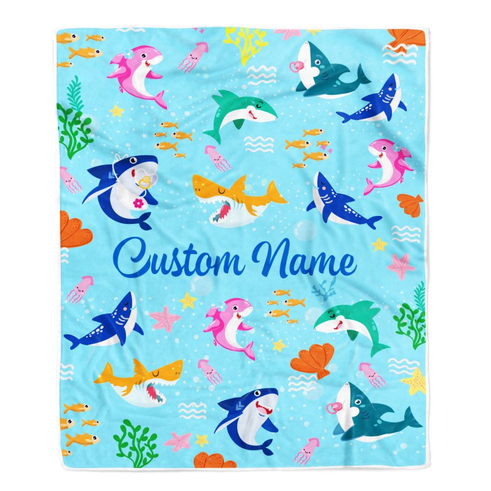 Personalized Baby Blanket for Baby Boys Girls With Custom Name Cute Lovely Shark Kids Newborn Daughter Granddaughter Niece Birthday Bed Fleece Throw Blanket | teecentury