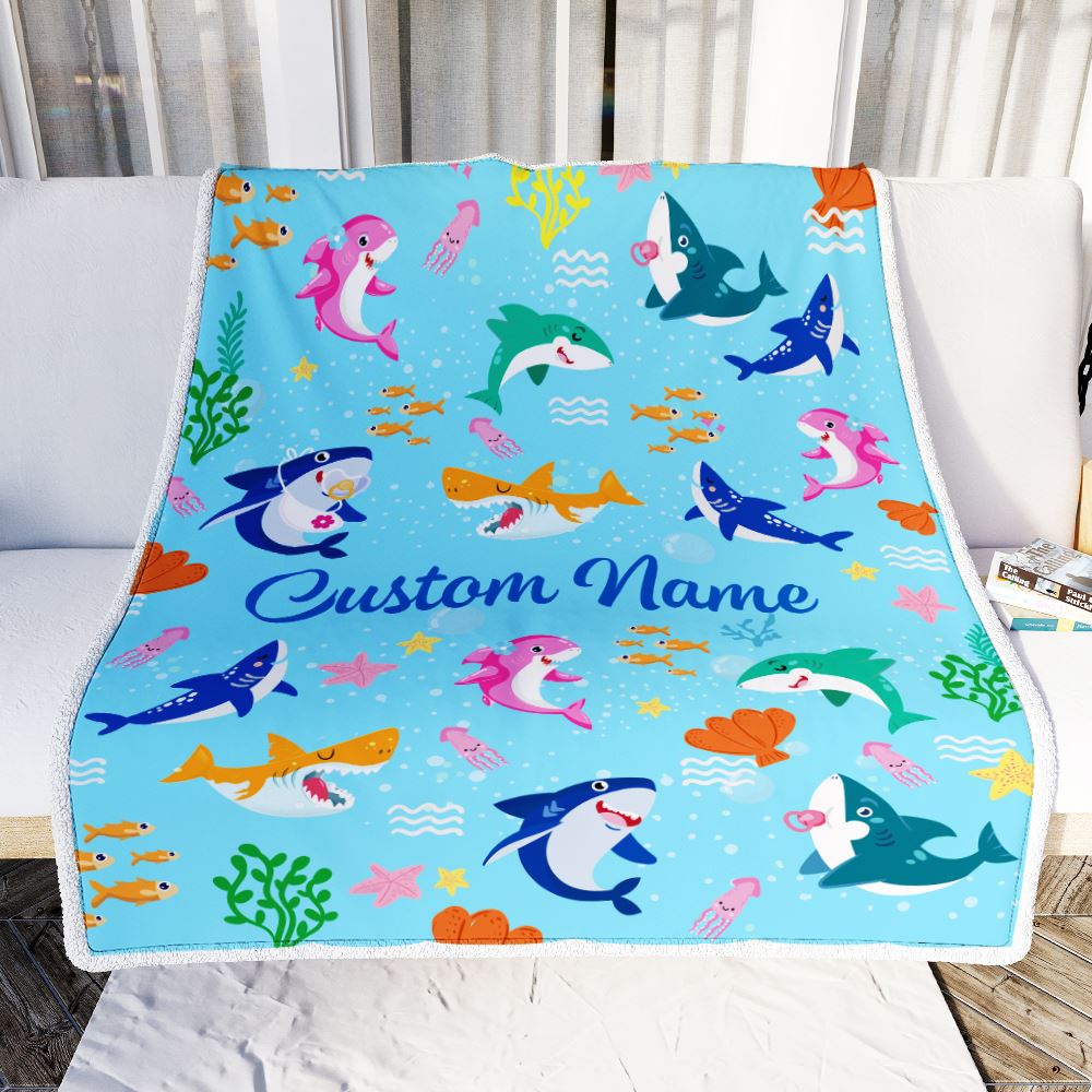 Personalized Baby Blanket for Baby Boys Girls With Custom Name Cute Lovely Shark Kids Newborn Daughter Granddaughter Niece Birthday Bed Fleece Throw Blanket | teecentury