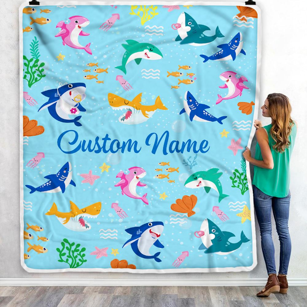 Personalized Baby Blanket for Baby Boys Girls With Custom Name Cute Lovely Shark Kids Newborn Daughter Granddaughter Niece Birthday Bed Fleece Throw Blanket | teecentury