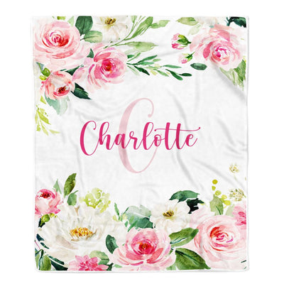 Personalized Baby Blanket for Girls with Name Pink Flower Custom Baby Newborn Daughter Granddaughter Niece Birthday Christmas Customized Bed Fleece Blanket | teecentury