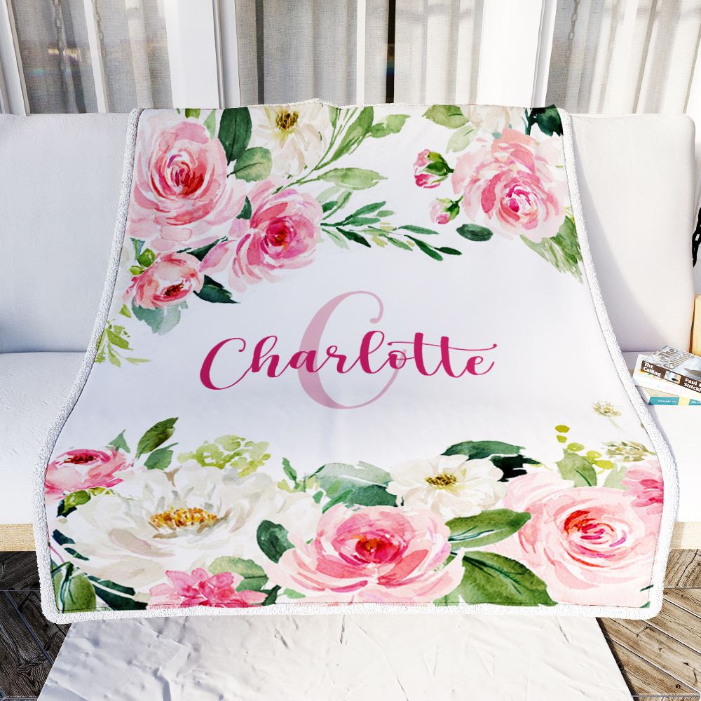 Personalized Baby Blanket for Girls with Name Pink Flower Custom Baby Newborn Daughter Granddaughter Niece Birthday Christmas Customized Bed Fleece Blanket | teecentury
