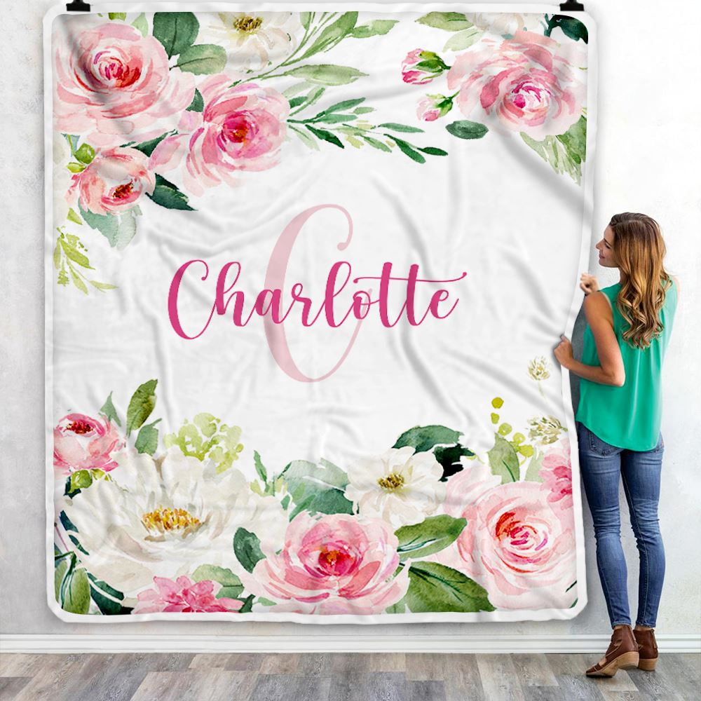 Personalized Baby Blanket for Girls with Name Pink Flower Custom Baby Newborn Daughter Granddaughter Niece Birthday Christmas Customized Bed Fleece Blanket | teecentury