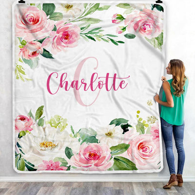 Personalized Baby Blanket for Girls with Name Pink Flower Custom Baby Newborn Daughter Granddaughter Niece Birthday Christmas Customized Bed Fleece Blanket | teecentury