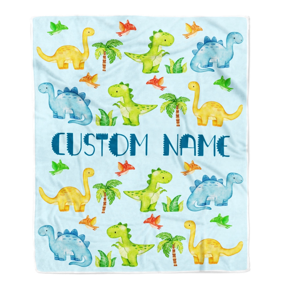 Personalized Baby Blanket with Name Custom for Baby Boy Dinosaur Light Blue Newborn Kids Son Grandson Nephew Birthday Christmas Customized Fleece Blanket Blanket | Teecentury.com