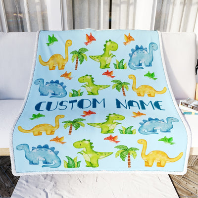Personalized Baby Blanket with Name Custom for Baby Boy Dinosaur Light Blue Newborn Kids Son Grandson Nephew Birthday Christmas Customized Fleece Blanket Blanket | Teecentury.com
