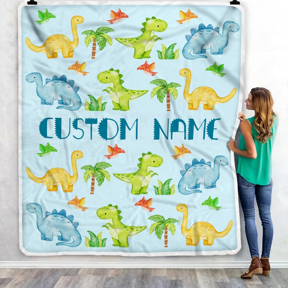 Personalized Baby Blanket with Name Custom for Baby Boy Dinosaur Light Blue Newborn Kids Son Grandson Nephew Birthday Christmas Customized Fleece Blanket Blanket | Teecentury.com