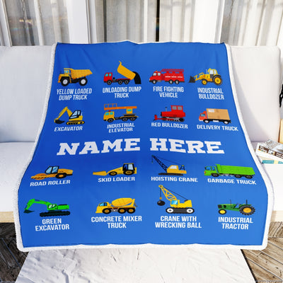 Personalized Baby Name Blanket Dump Truck Bulldozer Construction Tractor Firetruck Boy Kids Son Grandson Nephew Birthday Christmas Customized Fleece Blanket Blanket | Teecentury.com