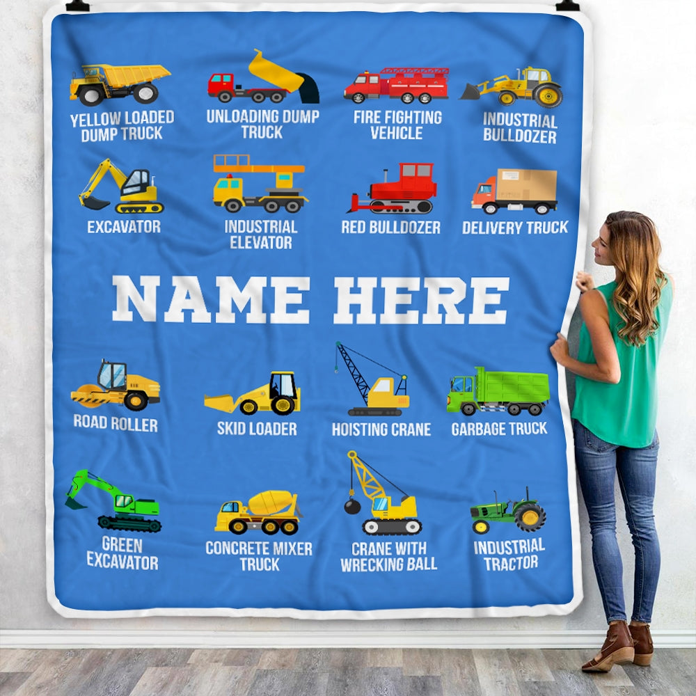 Personalized Baby Name Blanket Dump Truck Bulldozer Construction Tractor Firetruck Boy Kids Son Grandson Nephew Birthday Christmas Customized Fleece Blanket Blanket | Teecentury.com
