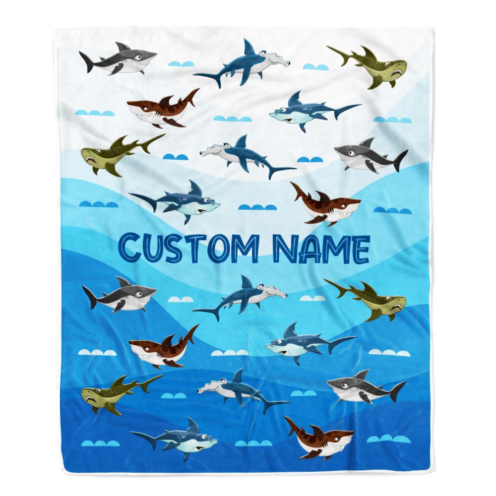 Personalized Custom Baby Blanket Blue Shark Design For Baby Boys Girls Kids Newborn Daughter Granddaughter Niece From Aunt Birthday Bed Fleece Throw Blanket | teecentury