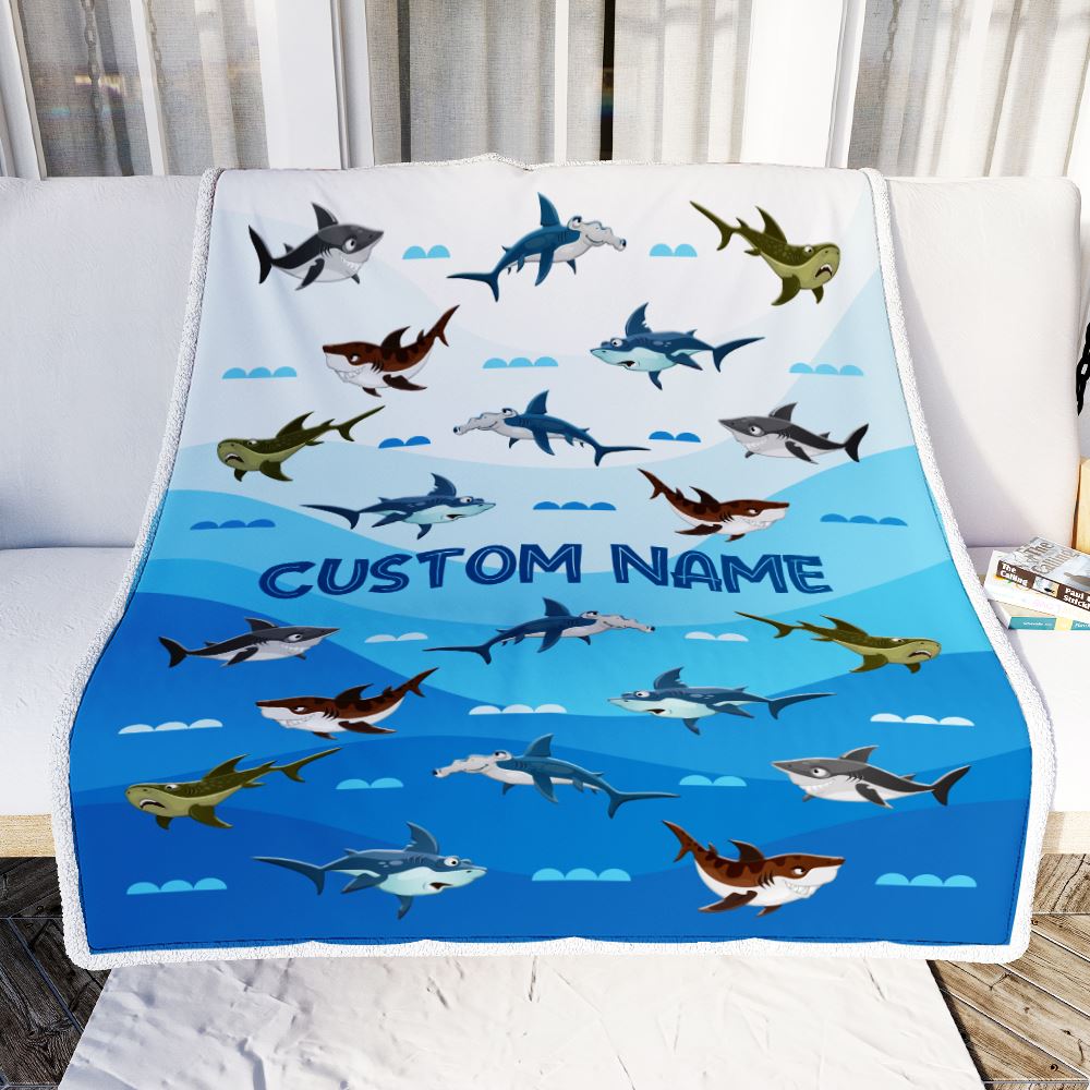 Personalized Custom Baby Blanket Blue Shark Design For Baby Boys Girls Kids Newborn Daughter Granddaughter Niece From Aunt Birthday Bed Fleece Throw Blanket | teecentury