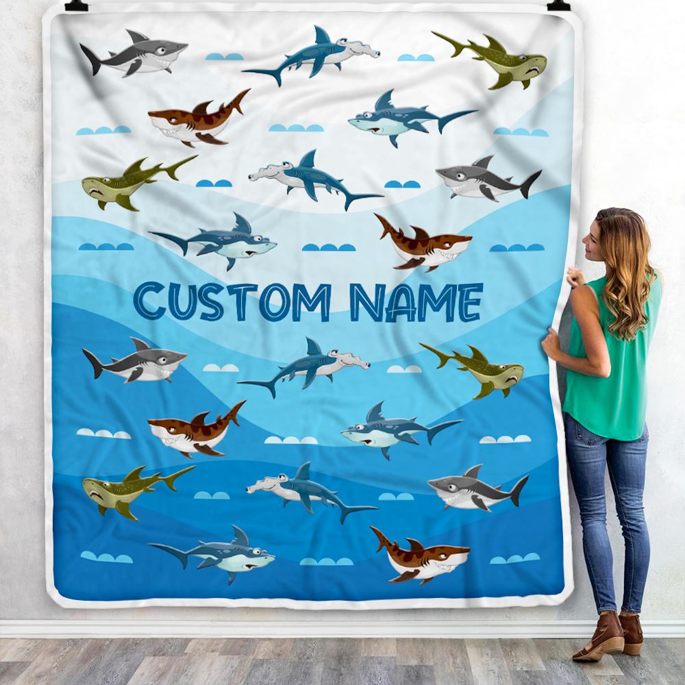 Personalized Custom Baby Blanket Blue Shark Design For Baby Boys Girls Kids Newborn Daughter Granddaughter Niece From Aunt Birthday Bed Fleece Throw Blanket | teecentury