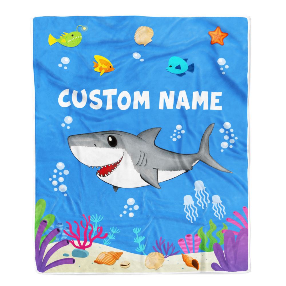 Personalized Custome Name Baby Blanket for Boys Girls With Shark Design Kids Newborn Daughter Granddaughter Niece Birthday Customized Bed Fleece Throw Blanket | teecentury