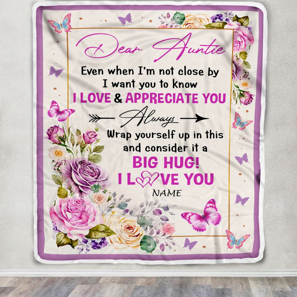 Personalized Dear Auntie Blanket From Niece Nephew It A Big Hug Butterfly Rose Auntie Birthday Mothers Day Christmas Customized Fleece Throw Blanket | teecentury