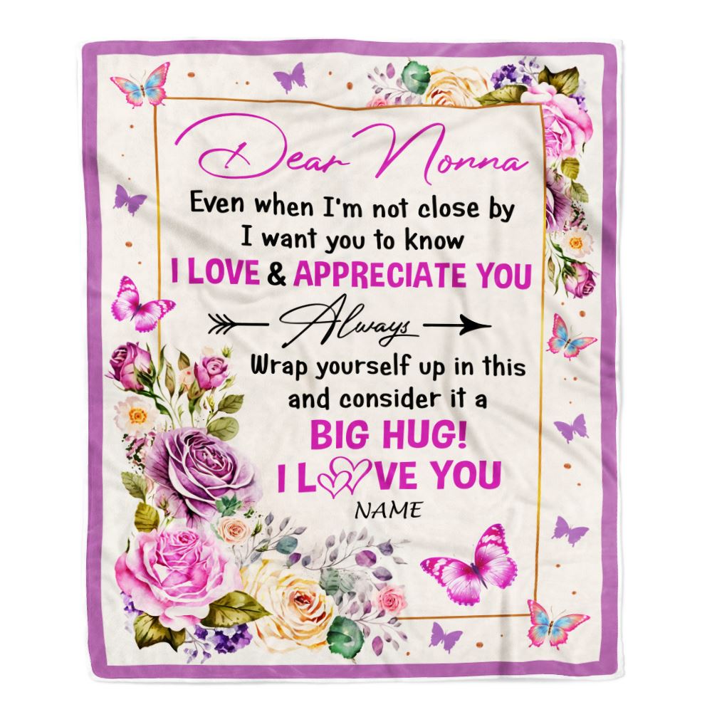 Personalized Dear Nonna Blanket From Granddaughter Grandson It A Big Hug Butterfly Rose Nonna Birthday Mothers Day Christmas Customized Fleece Blanket | teecentury