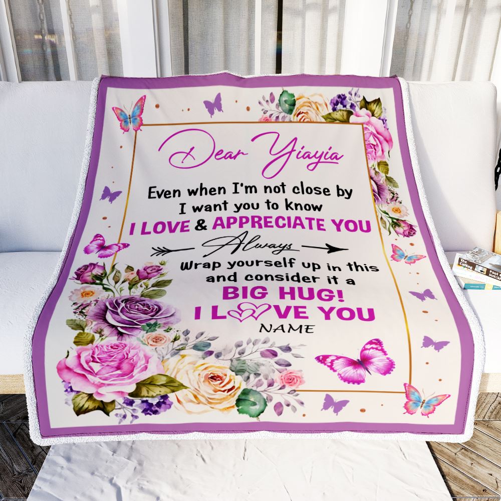 Personalized Dear Yiayia Blanket From Kids It A Big Hug Butterfly Rose Yiayia Birthday Mothers Day Thanksgiving Christmas Customized Fleece Throw Blanket | teecentury
