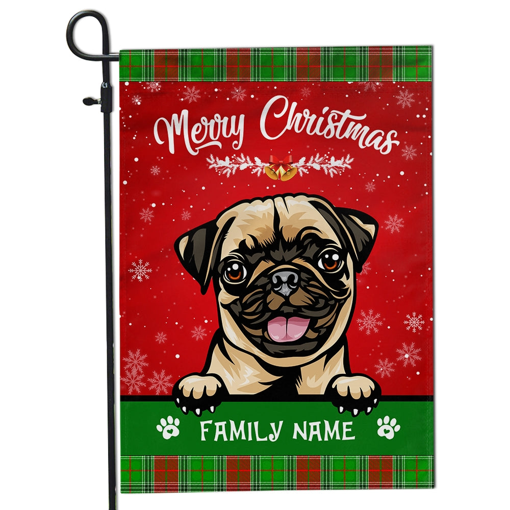 Personalized Dog Christmas Flag Merry Christmas Peeking Dog In Santa Hat Snowflake Xmas Green Red Flag | Teecentury.com