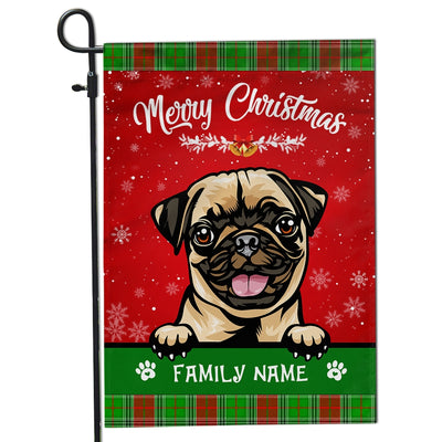 Personalized Dog Christmas Flag Merry Christmas Peeking Dog In Santa Hat Snowflake Xmas Green Red Flag | Teecentury.com
