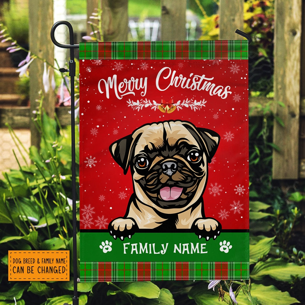Personalized Dog Christmas Flag Merry Christmas Peeking Dog In Santa Hat Snowflake Xmas Green Red Flag | Teecentury.com