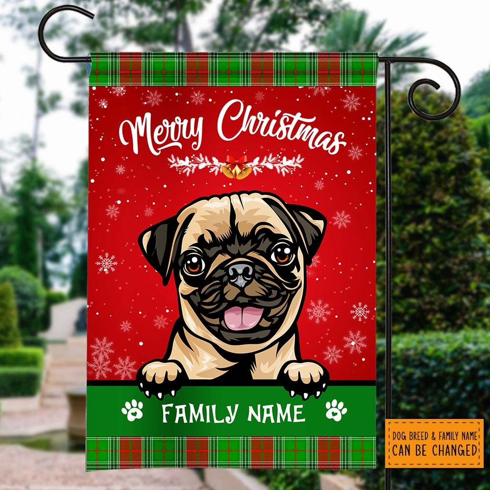 Personalized Dog Christmas Flag Merry Christmas Peeking Dog In Santa Hat Snowflake Xmas Green Red Flag | Teecentury.com