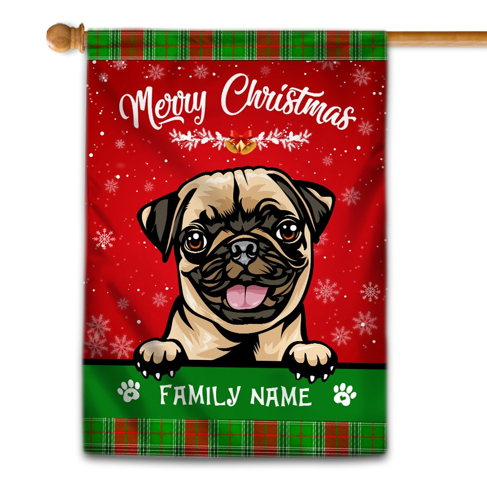 Personalized Dog Christmas Flag Merry Christmas Peeking Dog In Santa Hat Snowflake Xmas Green Red Flag | Teecentury.com