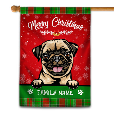 Personalized Dog Christmas Flag Merry Christmas Peeking Dog In Santa Hat Snowflake Xmas Green Red Flag | Teecentury.com