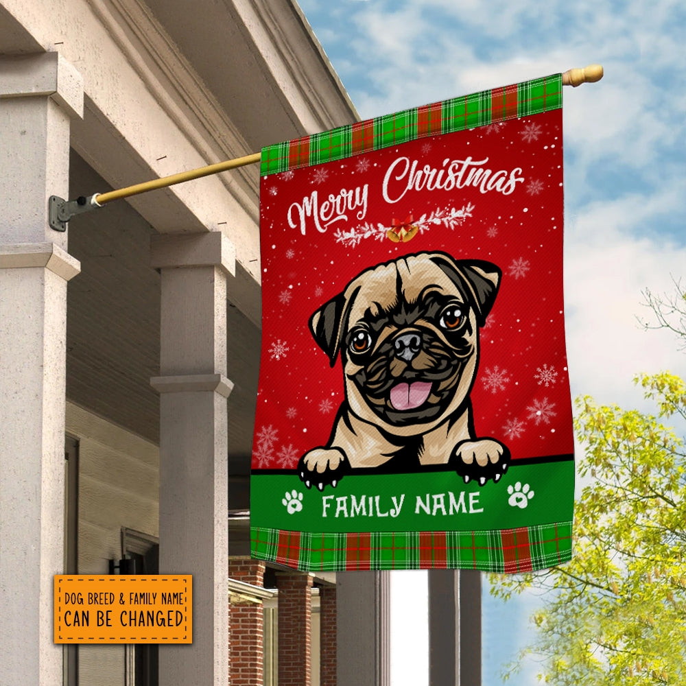 Personalized Dog Christmas Flag Merry Christmas Peeking Dog In Santa Hat Snowflake Xmas Green Red Flag | Teecentury.com
