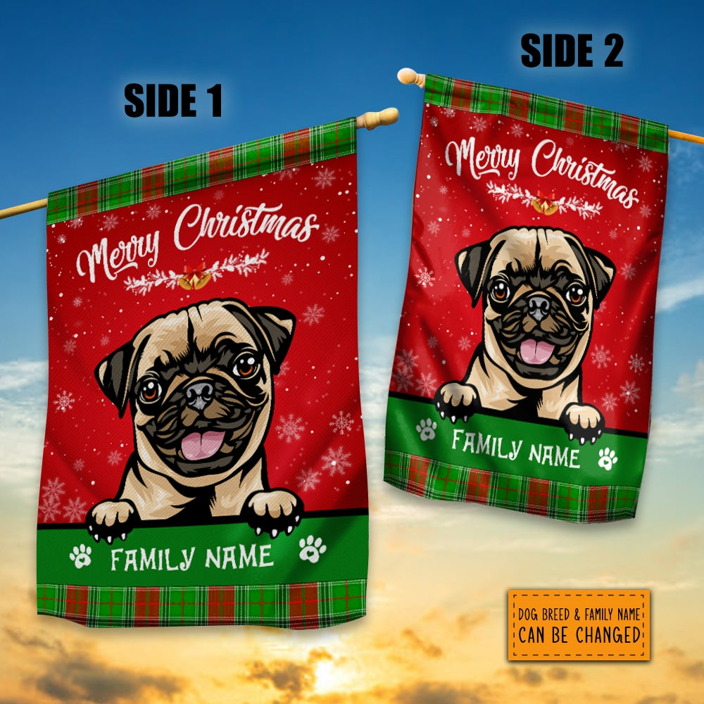 Personalized Dog Christmas Flag Merry Christmas Peeking Dog In Santa Hat Snowflake Xmas Green Red Flag | Teecentury.com
