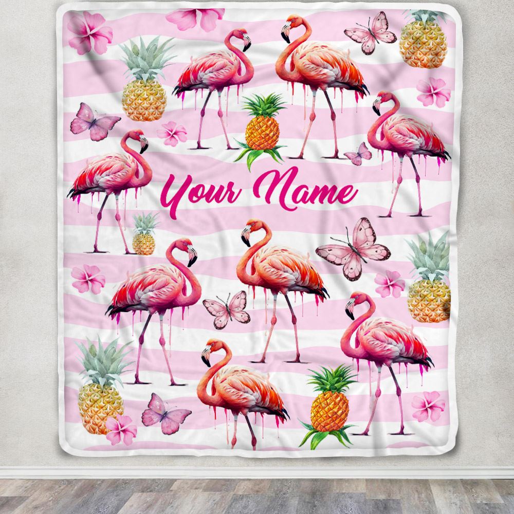 Personalized Flamingo Blanket Custom With Name Floral Pineapple