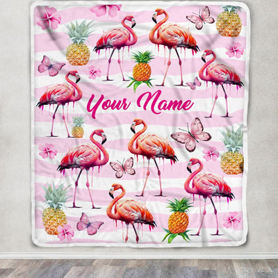 Personalized Flamingo Blanket Custom With Name Floral Pineapple Newborn Baby Girl Flamingo Daughter Granddaughter Niece Birthday Christmas Fleece Blanket | teecentury