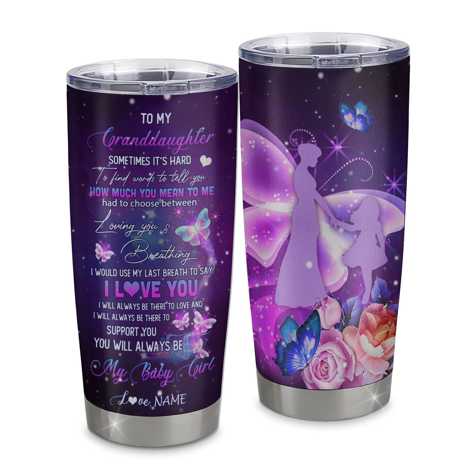 Personalized Granddaughter From Grandma Stainless Steel Tumbler Cup Butterfly Sometimes It's Hard to Find Words to Say I Love You Birthday Graduation Christmas Travel Mug | teecentury