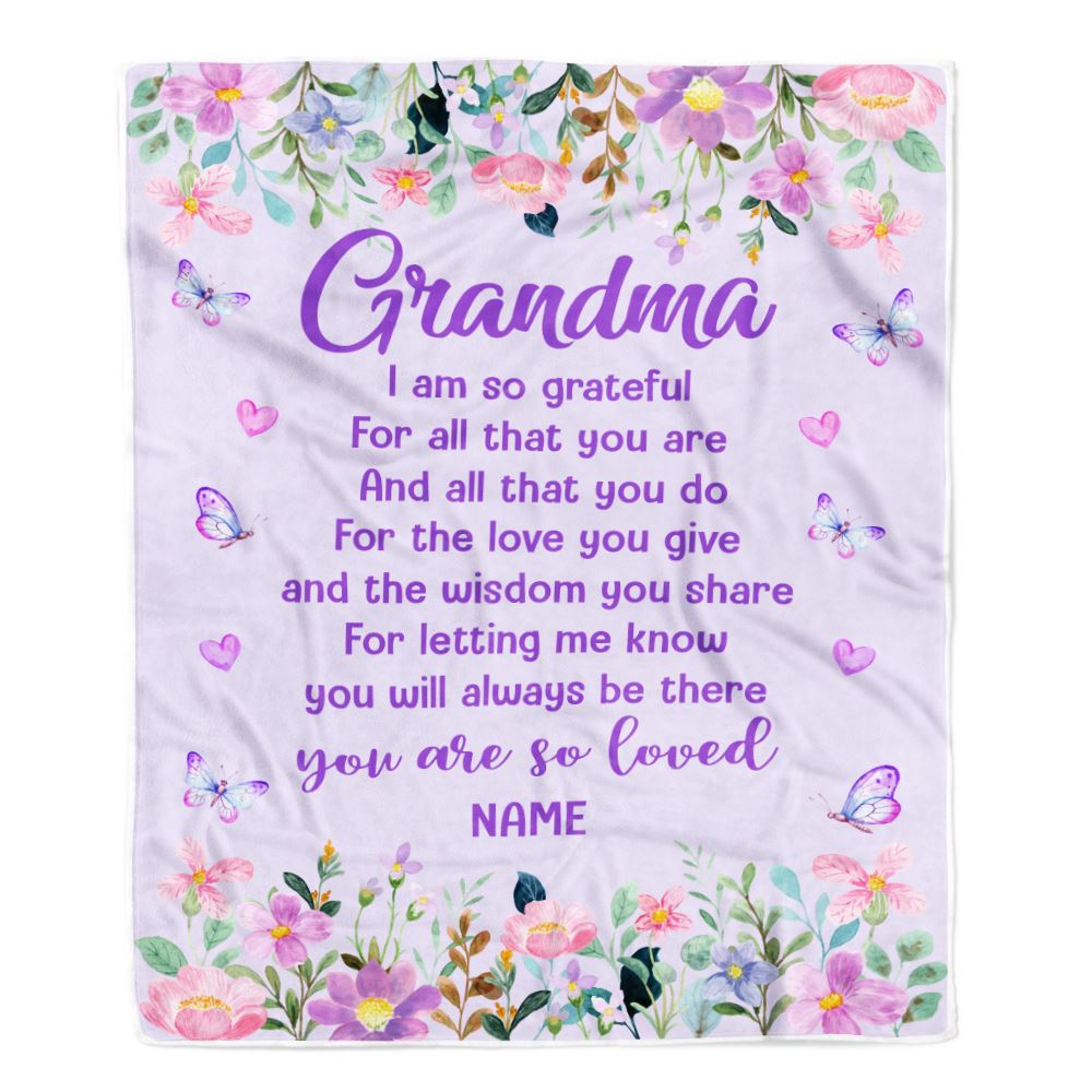 Personalized Grandma Blanket From Granddaughter Grandson Floral Butterfly Love You Give Grandma Mothers Day Birthday Christmas Customized Fleece Blanket | teecentury