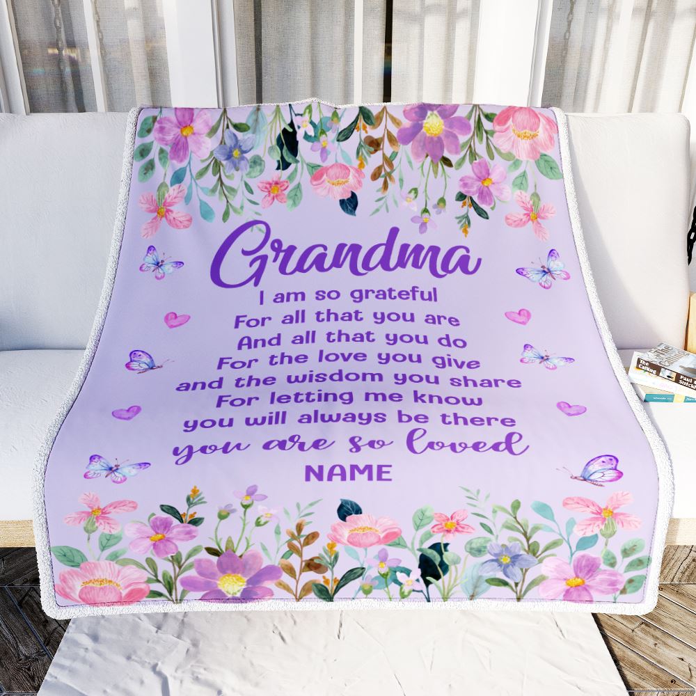 Personalized Grandma Blanket From Granddaughter Grandson Floral Butterfly Love You Give Grandma Mothers Day Birthday Christmas Customized Fleece Blanket | teecentury