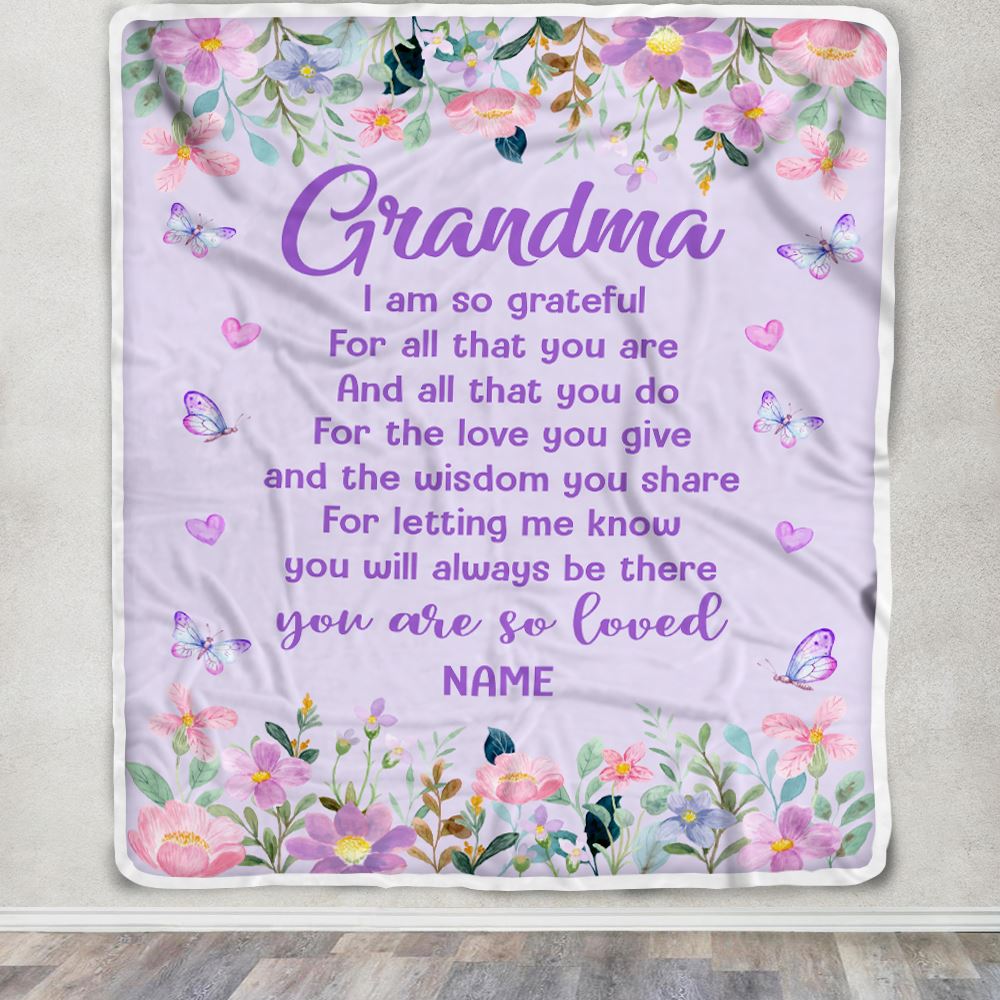 Personalized Grandma Blanket From Granddaughter Grandson Floral Butterfly Love You Give Grandma Mothers Day Birthday Christmas Customized Fleece Blanket | teecentury