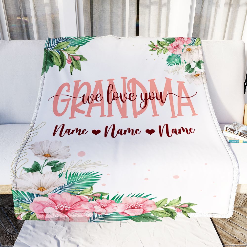 Personalized Grandma Blanket From Grandkids Granddaughter Grandson We Love You Floral Grandma Birthday Mothers Day Christmas Customized Fleece Throw Blanket | teecentury
