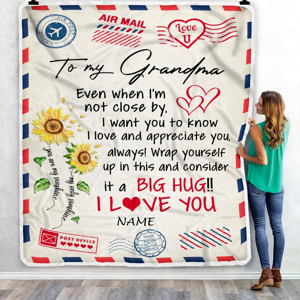 Personalized Grandma Blanket From Grandkids Love Big Hug Air Mail Letter Sunflower Grandma Birthday Mothers Day Christmas Customized Fleece Throw Blanket Blanket | Teecentury.com