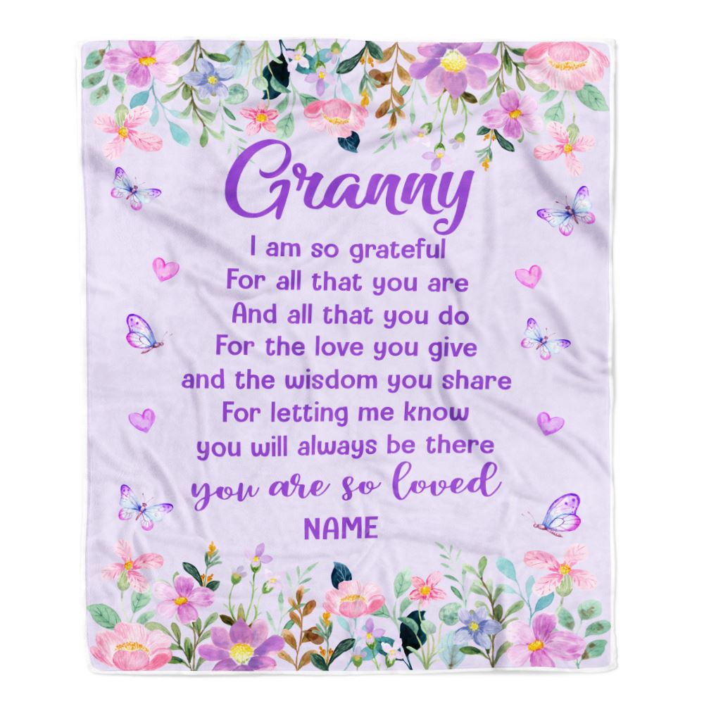 Personalized Granny Blanket From Granddaughter Grandson Floral Butterfly Love You Give Granny Mothers Day Birthday Christmas Customized Bed Fleece Blanket | teecentury
