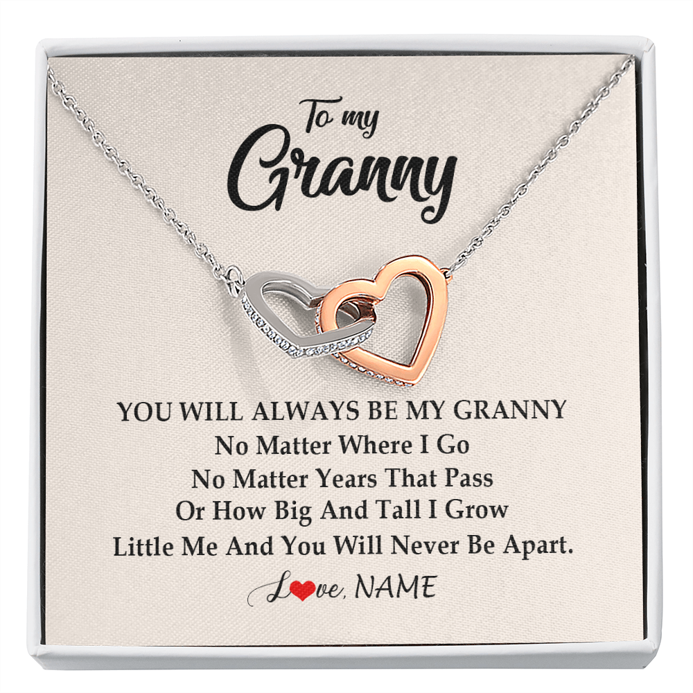 Interlocking Hearts Necklace | Personalized Granny Necklace From Grandkids Granddaughter Grandson You Will Always Be My Granny Birthday Mothers Day Christmas Customized Gift Box Message Card | teecentury