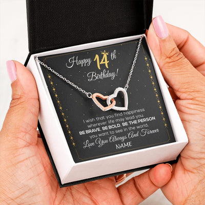 Interlocking Hearts Necklace | Personalized Happy 14Th Birthday Necklace For Her Girls Daughter Niece Sister Goddaughter Granddaughter 14 Year Old Birthday Customized Gift Box Message Card | teecentury