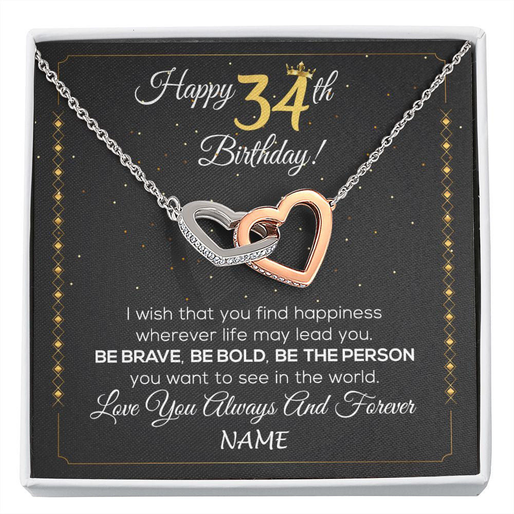 Interlocking Hearts Necklace | Personalized Happy 34Th Birthday Necklace For Her Girls Daughter Niece Sister Goddaughter Granddaughter 34 Year Old Birthday Customized Gift Box Message Card | teecentury